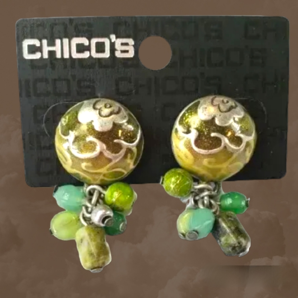 Chicos Floral Green Button Earrings with Beads